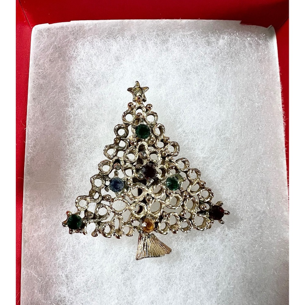 Vintage Gold Tone Christmas Tree Brooch Rhinestone Holiday Pin Multi Color